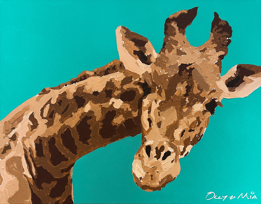 Painting of giraffe showing head and long neck on a bright teal background