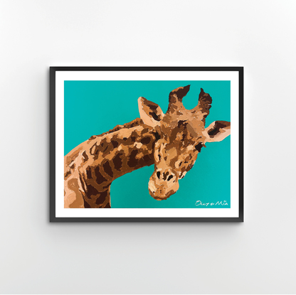 Painting of giraffe showing head and long neck on a bright teal background