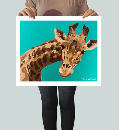 Painting of giraffe showing head and long neck on a bright teal background