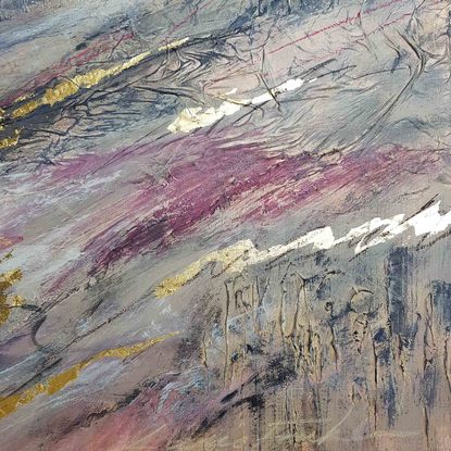 A large abstract landscape of the Snow mountains region in mixed media.