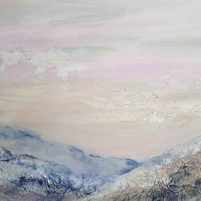 A large abstract landscape of the Snow mountains region in mixed media.