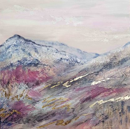 A large abstract landscape of the Snow mountains region in mixed media.