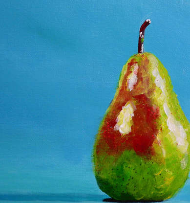 Green pear on blue/green background