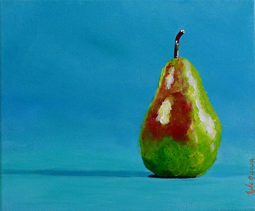 Green pear on blue/green background