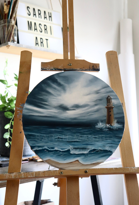 A storm is forming at the beach in the distance of the horizon. Waves are beginning  to form and crash into the lighthouse which is placed to the right of the painting. 