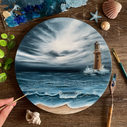 A storm is forming at the beach in the distance of the horizon. Waves are beginning  to form and crash into the lighthouse which is placed to the right of the painting. 