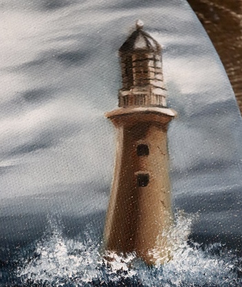 A storm is forming at the beach in the distance of the horizon. Waves are beginning  to form and crash into the lighthouse which is placed to the right of the painting. 