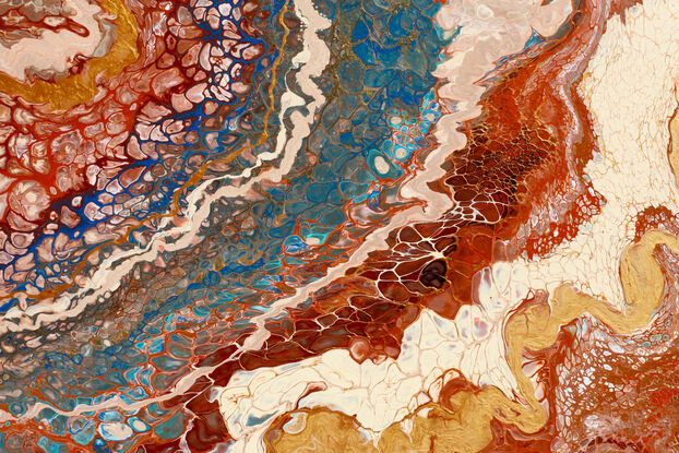 ABSTRACT painting that gives the impression of an outback landscape and rugged gorges found in central Australia. The intricate mosaic pattern within the tonal earth hues and the glimmering metalic inlays adds added interest and intrigue the close one gets to the painting.