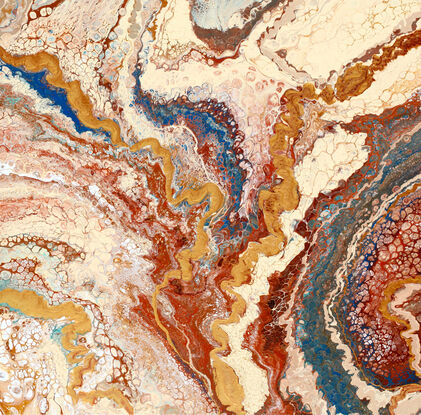 ABSTRACT painting that gives the impression of an outback landscape and rugged gorges found in central Australia. The intricate mosaic pattern within the tonal earth hues and the glimmering metalic inlays adds added interest and intrigue the close one gets to the painting.