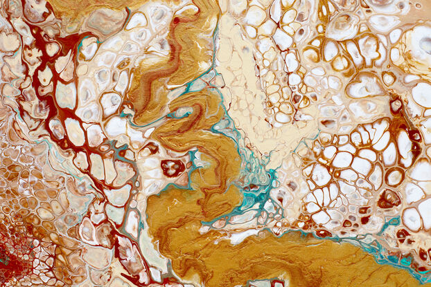 ABSTRACT painting that gives the impression of an outback landscape and rugged gorges found in central Australia. The intricate mosaic pattern within the tonal earth hues and the glimmering metalic inlays adds added interest and intrigue the close one gets to the painting.