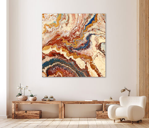 ABSTRACT painting that gives the impression of an outback landscape and rugged gorges found in central Australia. The intricate mosaic pattern within the tonal earth hues and the glimmering metalic inlays adds added interest and intrigue the close one gets to the painting.