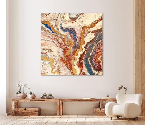 ABSTRACT painting that gives the impression of an outback landscape and rugged gorges found in central Australia. The intricate mosaic pattern within the tonal earth hues and the glimmering metalic inlays adds added interest and intrigue the close one gets to the painting.