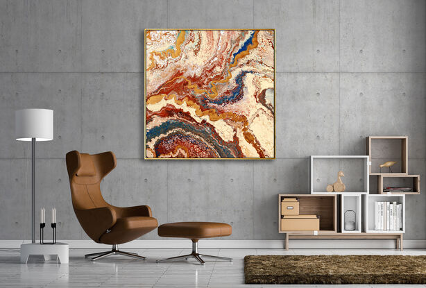 ABSTRACT painting that gives the impression of an outback landscape and rugged gorges found in central Australia. The intricate mosaic pattern within the tonal earth hues and the glimmering metalic inlays adds added interest and intrigue the close one gets to the painting.