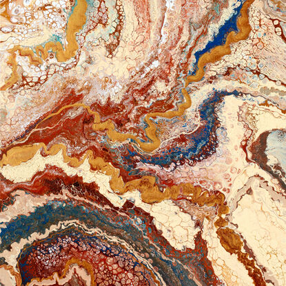 ABSTRACT painting that gives the impression of an outback landscape and rugged gorges found in central Australia. The intricate mosaic pattern within the tonal earth hues and the glimmering metalic inlays adds added interest and intrigue the close one gets to the painting.