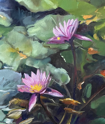 This is a vertical medium size painting of  pink lilies floating in a pond.  It is  an overcast still day.   The white  clouds are reflecting onto the  surface....it is still day.    The lily pads snake in a "S" curve from the top of the pond, to the focal point of two pink flowers in the  middle third growing   in deep dark water,  surrounded by green pads.

Small yellow and gold leaves are scattered on the surface of the pond by a breeze  and some of the pads are changing ......Autumn is coming.