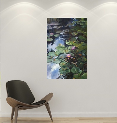 This is a vertical medium size painting of  pink lilies floating in a pond.  It is  an overcast still day.   The white  clouds are reflecting onto the  surface....it is still day.    The lily pads snake in a "S" curve from the top of the pond, to the focal point of two pink flowers in the  middle third growing   in deep dark water,  surrounded by green pads.

Small yellow and gold leaves are scattered on the surface of the pond by a breeze  and some of the pads are changing ......Autumn is coming.