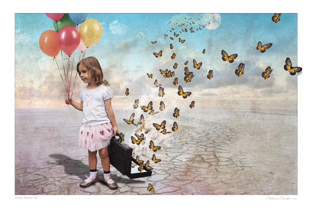 A little girl releases a suitcase full of butterflies into the wild blue yonder.