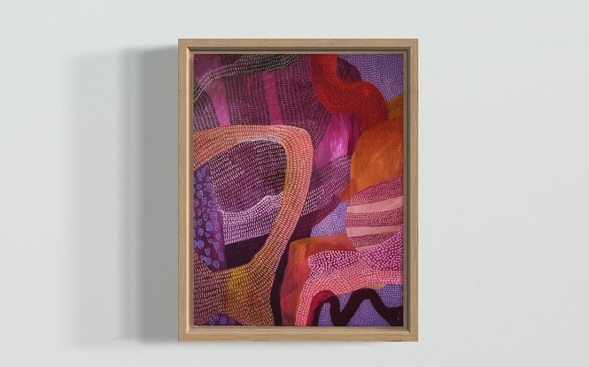 Small painting with a black background with intersecting forms in ochre, lilac,  magenta,  peach, blush and deep red purple. The are repeated black lines all over.