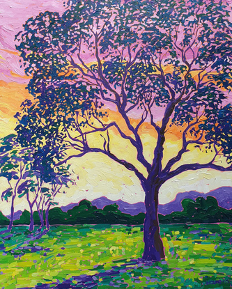 Large gumtree in the foreground with small trees in the background with colourful sunset casting shadows