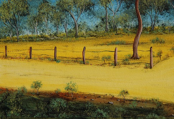 colourful outback oil painting with remote bush track and fence