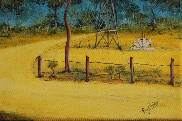 colourful outback oil painting with remote bush track and fence