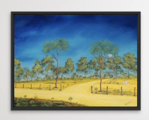 colourful outback oil painting with remote bush track and fence