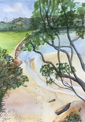 This painting shows the view looking down from the footbridge crossing the upper reaches of the creek. The bright green of the flat North Harbour Reserve can be glimpsed through gumtrees. The tide is almost completely out and there are tendrils of water meandering through the sandbanks. It is a beautiful day and a very restful scene.