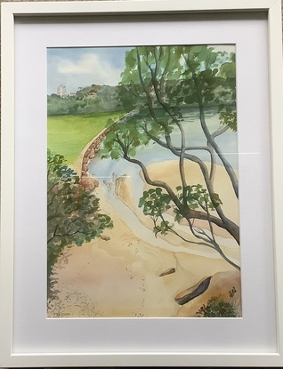 This painting shows the view looking down from the footbridge crossing the upper reaches of the creek. The bright green of the flat North Harbour Reserve can be glimpsed through gumtrees. The tide is almost completely out and there are tendrils of water meandering through the sandbanks. It is a beautiful day and a very restful scene.