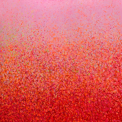 'Garden Dance Three' is a very detailed painting with colour crossing over one another to create effect with neon orange, neon pink and a contract of blue. A painting to express how nature is free to do whatever it wants, without expectations. This work is specific to the colours of the Australian landscape and how they intertwine creating a dance of their own. It is not intended to be too literal and so allows you to see whatever you can find.