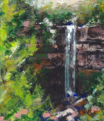 Miniature painting of a small waterfall viewed through a break in green forest; acrylic on stone tile by Victoria Collins.