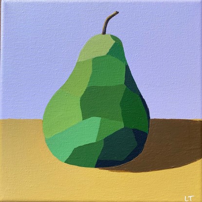 Green pear with geometric pattern on orange bench in front of cool grey background.