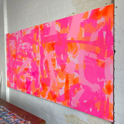 'Perception Eight' is a painting with colour crossing over one another to create effect. The colours intertwine creating a dance of their own. It is not intended to be too literal and so allows you to see whatever you can find. Neon Pink, Neon Orange and blue painting.