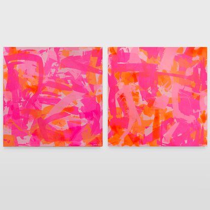 'Perception Eight' is a painting with colour crossing over one another to create effect. The colours intertwine creating a dance of their own. It is not intended to be too literal and so allows you to see whatever you can find. Neon Pink, Neon Orange and blue painting.