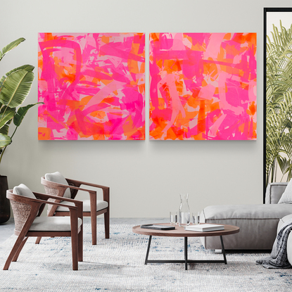 'Perception Eight' is a painting with colour crossing over one another to create effect. The colours intertwine creating a dance of their own. It is not intended to be too literal and so allows you to see whatever you can find. Neon Pink, Neon Orange and blue painting.