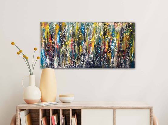 An acrylic pouring artwork,  multiple colors include blue, black, yellow, golden, red and purple.  
A pattern of rains, it is a shower. 
It is dark background with bright colors, that can help to calm down but not depressed.