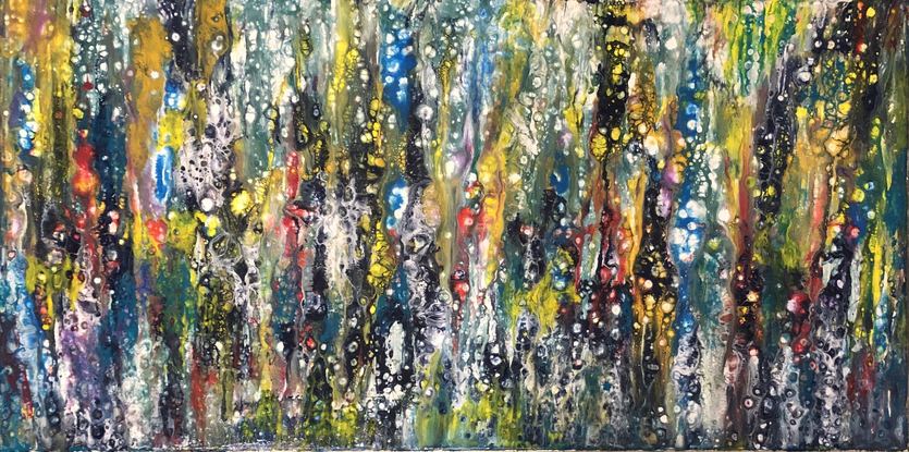 An acrylic pouring artwork,  multiple colors include blue, black, yellow, golden, red and purple.  
A pattern of rains, it is a shower. 
It is dark background with bright colors, that can help to calm down but not depressed.