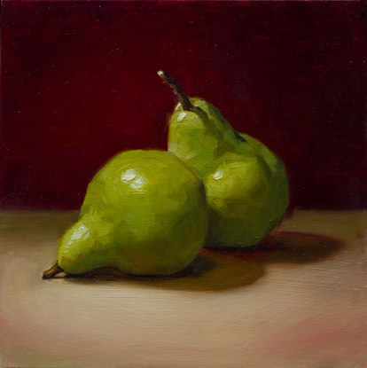 A small still life oil painting of green pears with a deep burgundy backgound. Painted from life in a contemporary realistic style the painting is classical in design and colour.