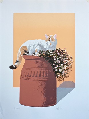 a white/ginger cat asleep  on top of some flowers on a chimney pot planter  in the sunshine.