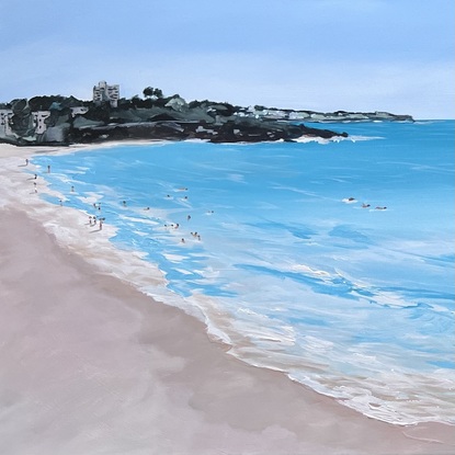 Coogee Beach, Sydney, NSW.  Painted with turquoise blues. Modern minimal style.