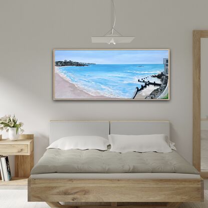 Coogee Beach, Sydney, NSW.  Painted with turquoise blues. Modern minimal style.