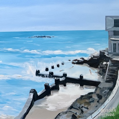 Coogee Beach, Sydney, NSW.  Painted with turquoise blues. Modern minimal style.