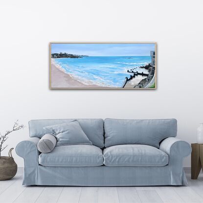 Coogee Beach, Sydney, NSW.  Painted with turquoise blues. Modern minimal style.