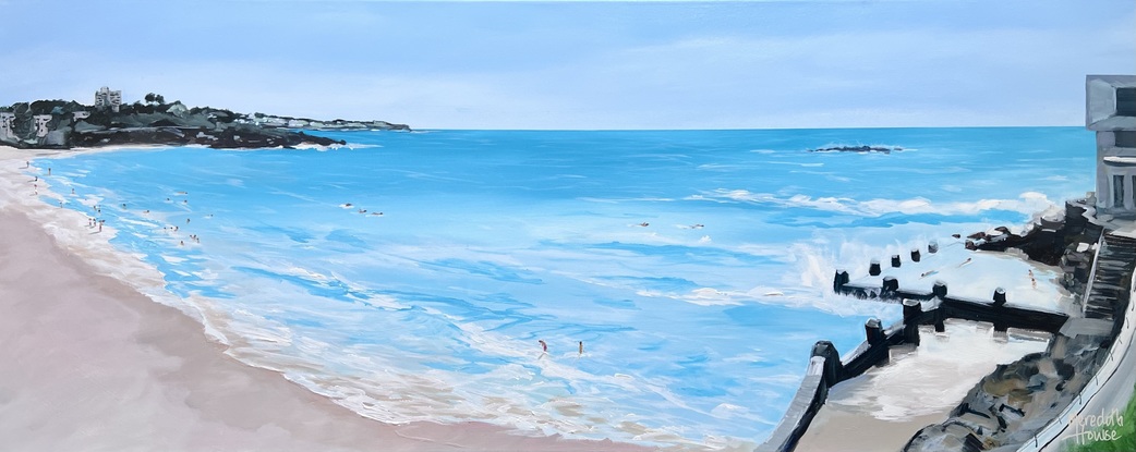 Coogee Beach, Sydney, NSW.  Painted with turquoise blues. Modern minimal style.