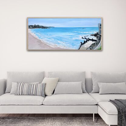 Coogee Beach, Sydney, NSW.  Painted with turquoise blues. Modern minimal style.