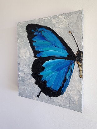 Half blue/black butterfly on light blue/grey background.