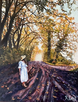 Autumn scene with woman walking along road 