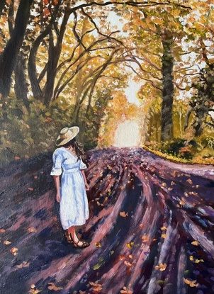 Autumn scene with woman walking along road 