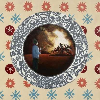 Grey plate on peach and orange wallpaper depicting a child watching a bonfire on fire cracker night