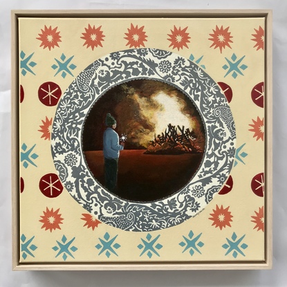 Grey plate on peach and orange wallpaper depicting a child watching a bonfire on fire cracker night