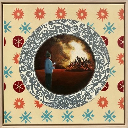 Grey plate on peach and orange wallpaper depicting a child watching a bonfire on fire cracker night